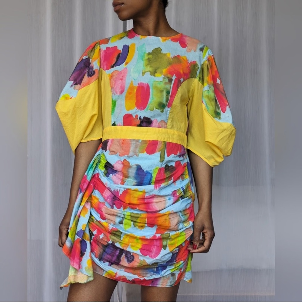Rhode Pia Mini Dress Puff-Sleeve Brush‎ Strokes Multicolor Water Small XS - Picture 2 of 7